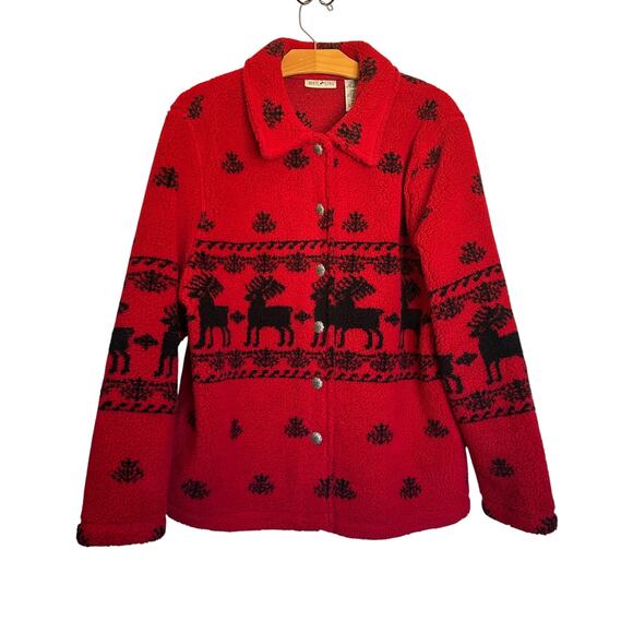 Vintage White Stag Reindeer Moose Fleece Jacket Red Winter Barn Coat Size XL - Picture 1 of 7